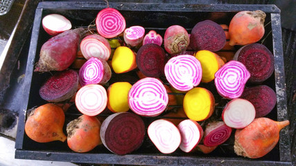 Candy stripe, golden and purple beetroot halves