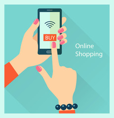 Online shopping and mobile payments concept. Human hand finger pressing buy button on a smartphone. Vector flat illustration