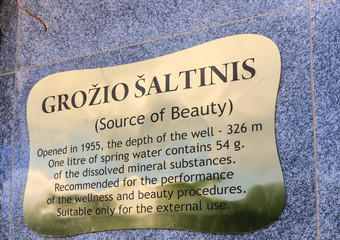 The sign on the source of mineral water Grozio. Druskininkai, Li