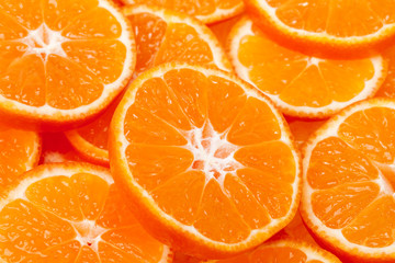 background of slices of clementine fruit, close up