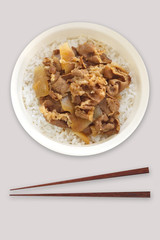 Traditional Japanese dish beef bowl , rice topped with beef and onion