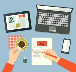 Job searching concept - hand holding newspaper. flat design vector illustration.