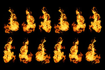 Fire flames collection isolated on black background