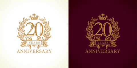 20 anniversary luxury logo. Template logo 20th royal anniversary with a frame in the form of laurel branches and the number 20. - obrazy, fototapety, plakaty