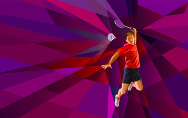 Polygonal professional badminton player on colorful low poly background doing smash shot with space for flyer, poster, web, leaflet, magazine. Vector illustration - obrazy, fototapety, plakaty