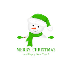 Snowman in green hat and Christmas greetings