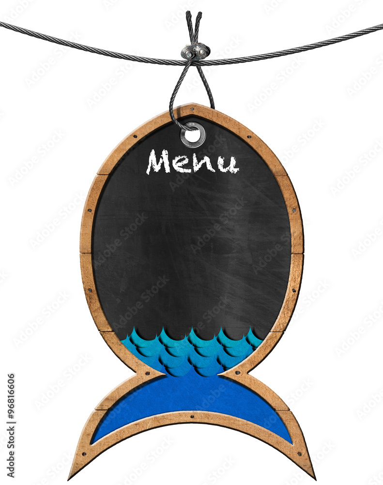 Poster blackboard fish shaped - seafood menu / empty blackboard with wooden frame in the shape of fish and 