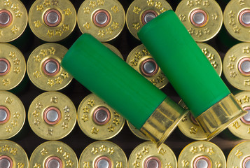 two green cartridge on the background of ammunition