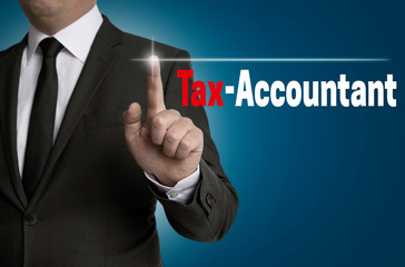 Tax accountant touchscreen is operated by businessman concept