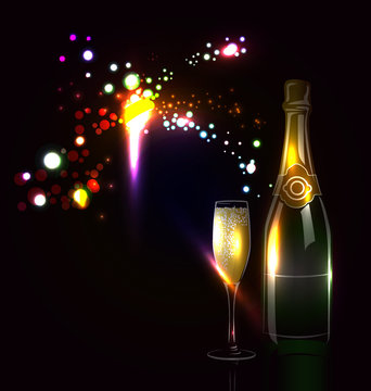 Vector background with fireworks and champagne