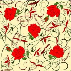 Seamless vector pattern with red roses and abstract elements.