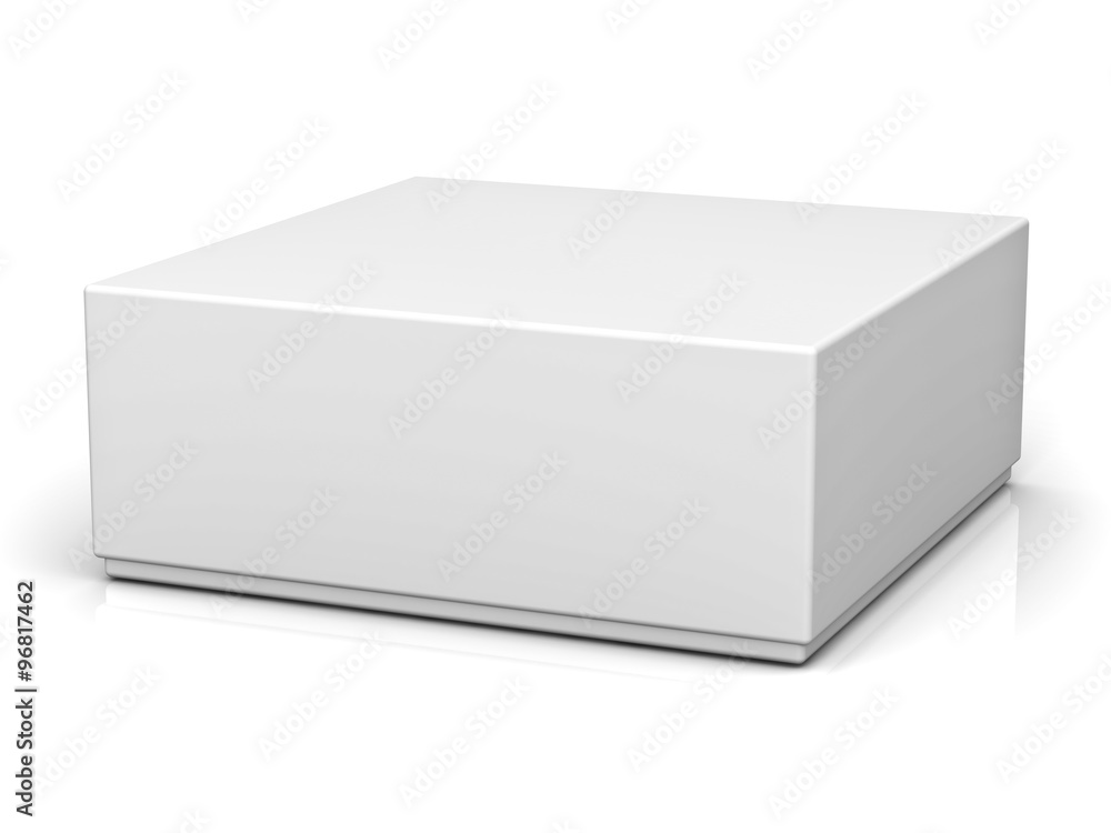 Poster blank box with lid on white background with reflection