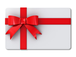 Blank gift card with red ribbons and bow isolated on white background with shadow