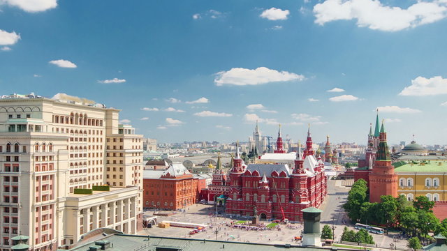 Panorama to Manezh Square, Hotel Moscow, historical Museum and Kremlin timelapse in Moscow, Russia