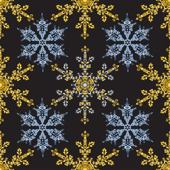 Reach christmas seamless background with hand-drawn realistic snowflake, golden color on black.