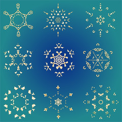 Set hand-drawn doodles gold colored snowflake Festive seamless pattern