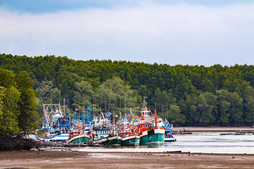 fishing boats are at rest in the river
