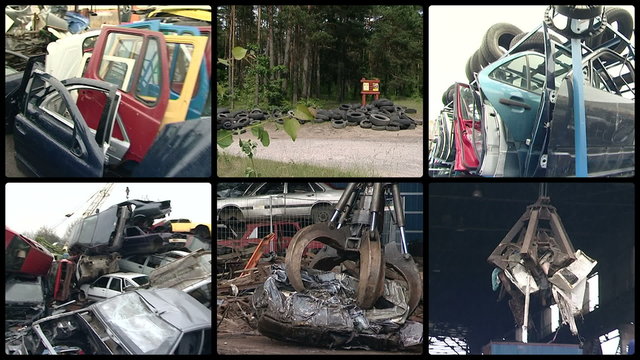 Parts of used car bodies and special equipment handle in metal scrap. Crane loading pressed metal. Junk industry. Montage of video clips collage. Split screen. Black round corner frame. Full HD 1080p