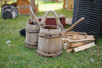two buckets and wood