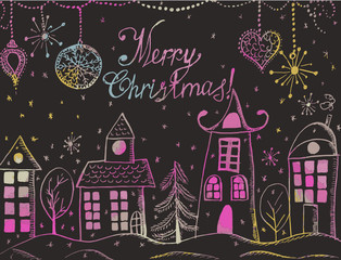 Card of hand drawn vector Christmas sketch on blackboard. Greeting Christmas and New Year card.