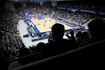 Silhouettes of fans at professional basketball game. 