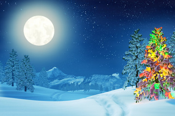 Christmas tree in moonlit winter landscape at night