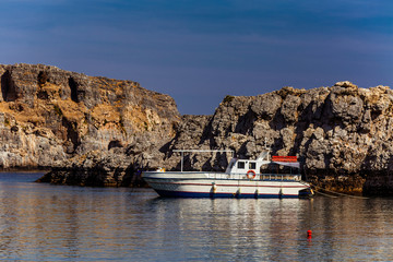 Greece, island Rhodes. View of a bay with boats in the city Lind