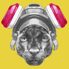 Portrait of Panther with gas mask. Hand drawn illustration.