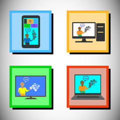 Concept of Online technology training, Vector icon set, This also represents online education promotion, digitization, digital literacy, technology trends, mobile applications