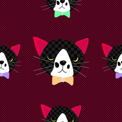 Black Cat with Ribbon on Red Background. Cute Pattern