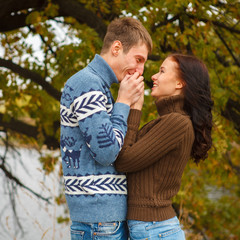 loving couple in a park on the outdoors