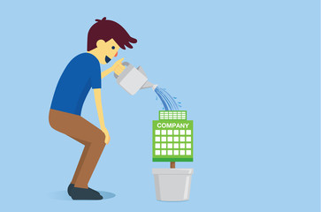 Man watering the company with water from watering pot. This illustration is concept about business management to grow and success.