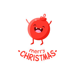 Funny Red Christmas Ball Cartoon Character Waving