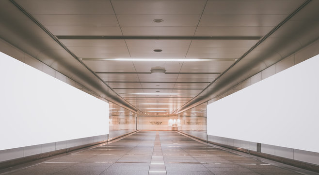 Underpass With Blank Billboard Advertising Wall For Background.