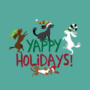 Yappy Holidays cute dogs wearing silly hats greeting card flat design. EPS 10 vector royalty free illustration.