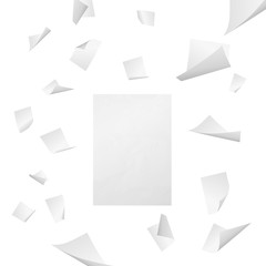White blank sheets of paper with bent corners flying away