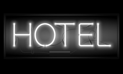Realistic neon Hotel inscription. Glowing font. Vector illustration.