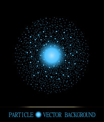 Abstract shpere of cyan glowing light particles space black background. Galaxy symbol.  Style background for presentations, cards, scientific and jewelry design. Vector illustration