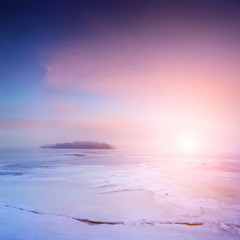 winter landscape, sunrise over frozen river