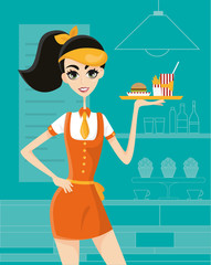 Cameriera serve hamburger, patatine e cola in un fast food