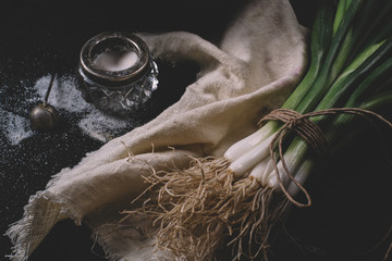 Scallions and salt on light textiles on a black wooden background