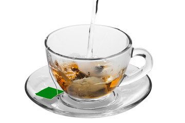 A cup of tea with tea bag, on white background