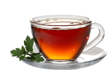 Cup tea and green leaf on white