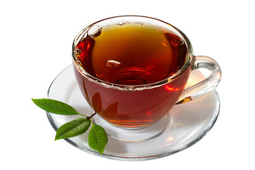 Cup tea and green leaf on white