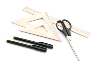 scissors, ruler and pens