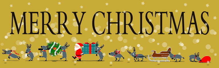 Christmas Background, Santa & his reindeer among falling snow

