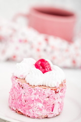Delicious cake with sour cherries on white background