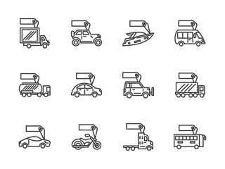 Vehicles sale black line icons set