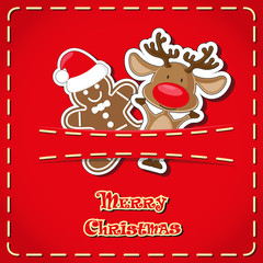 Fototapeta na wymiar Vector banner: cute figurines deer, gingerbread man in jeans pocket and hand drawn text Merry Christmas
