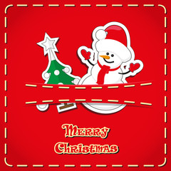 Vector banner: cute figurines snowman, christmas tree in jeans pocket and hand drawn text Merry Christmas